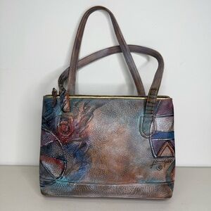 NEW Jane Yoo Leather Hand painted Purse Wearable Art 11”x8.5”